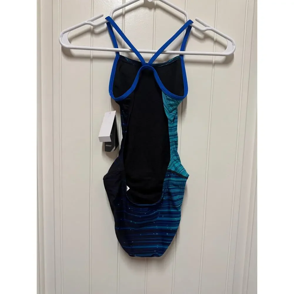 TYR Girls' Durafast Elite Cutoutfit Swimsuit, Blue Speedwarp Size 24 NEW